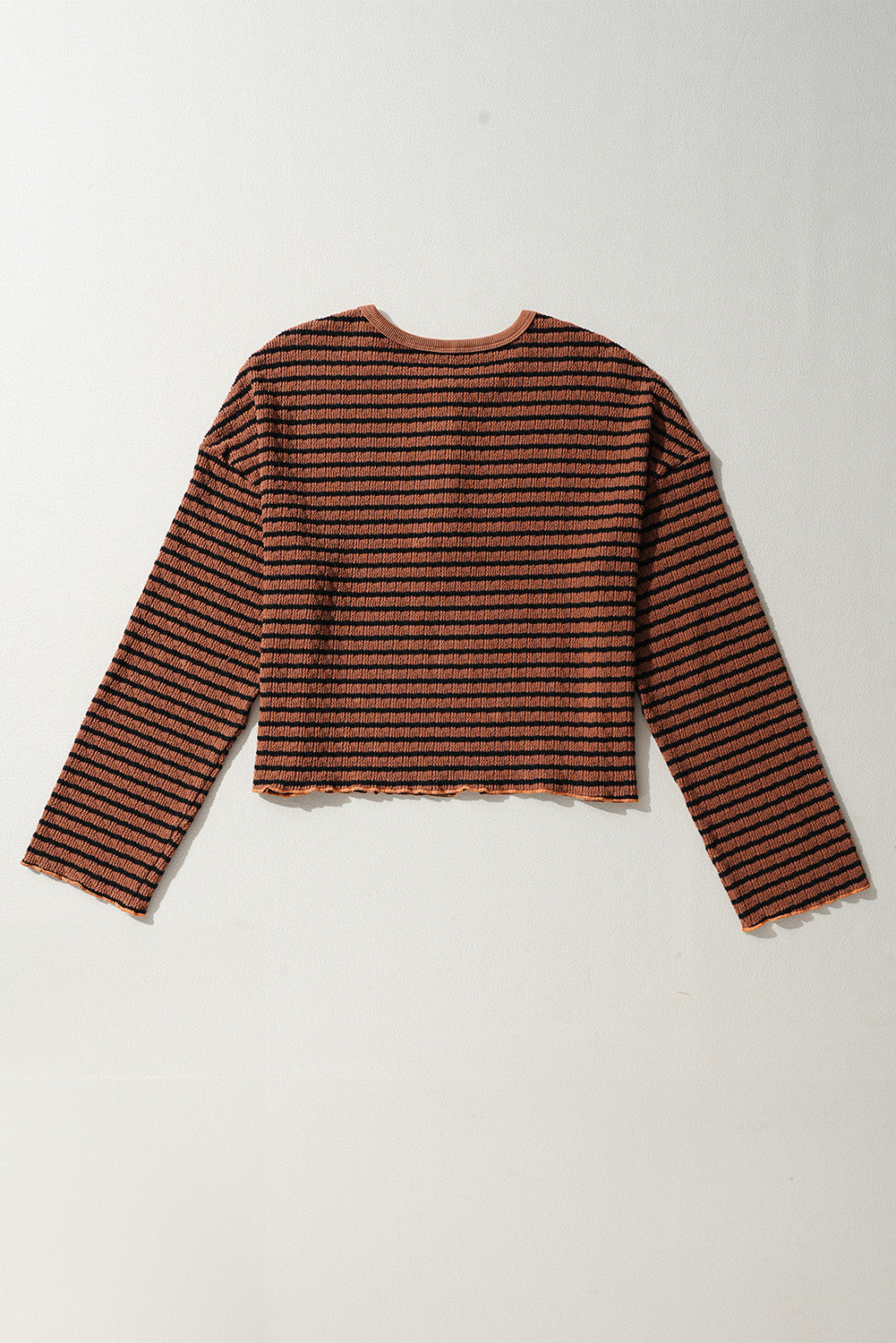 Brown Stripe Textured Henley Long Sleeve Top