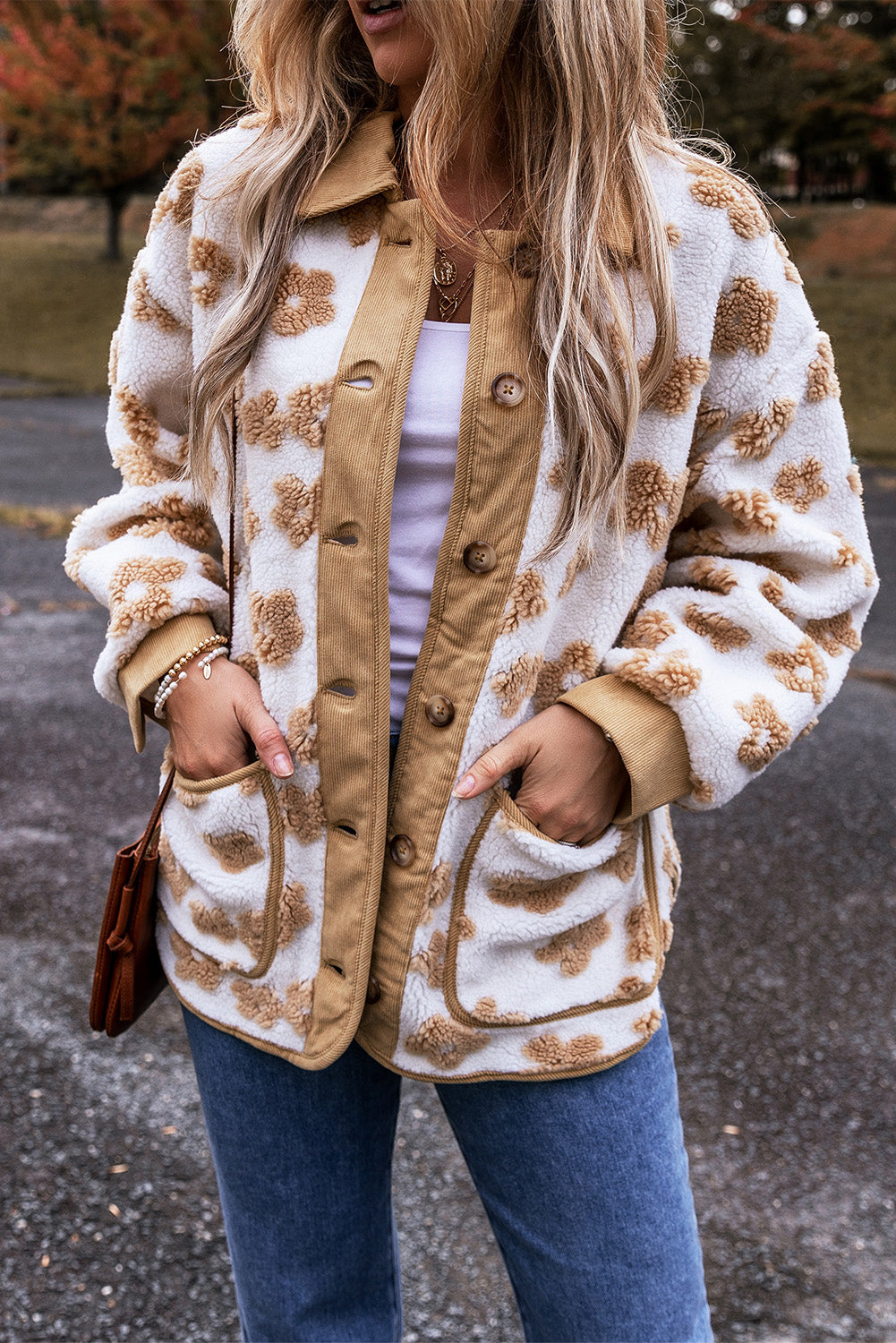 Beige Flowered Design Button Up Fleece Jacket