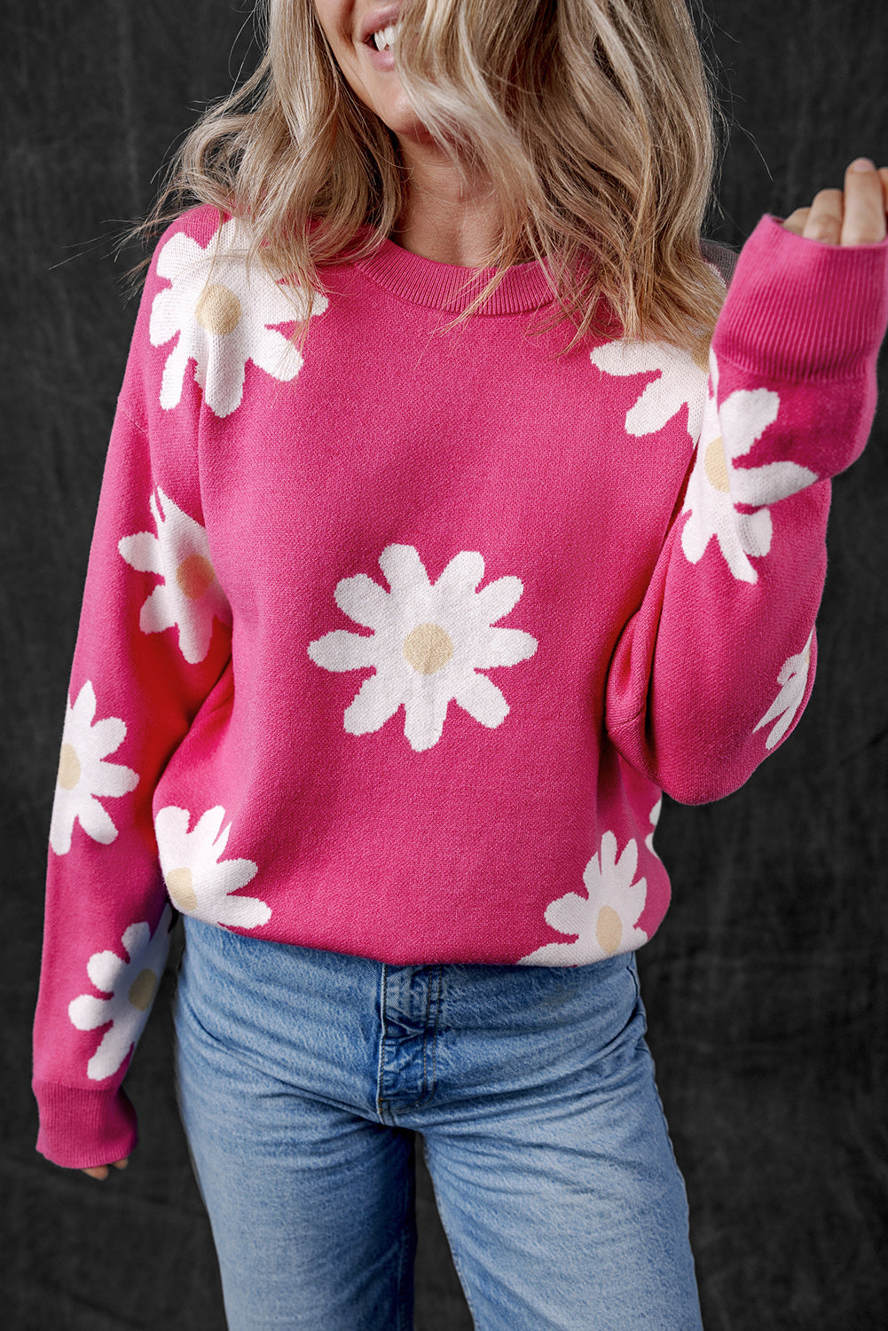 Bright Pink Daisy Crew Neck Long Sleeve Sweater