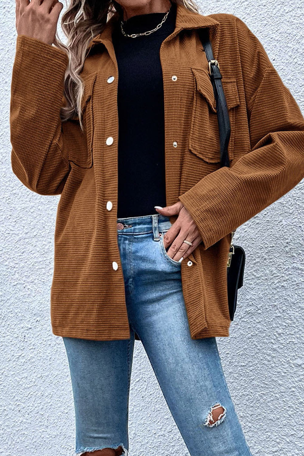 Rustic Brown Textured Flap Chest Pockets Snap Up Oversized Shirt