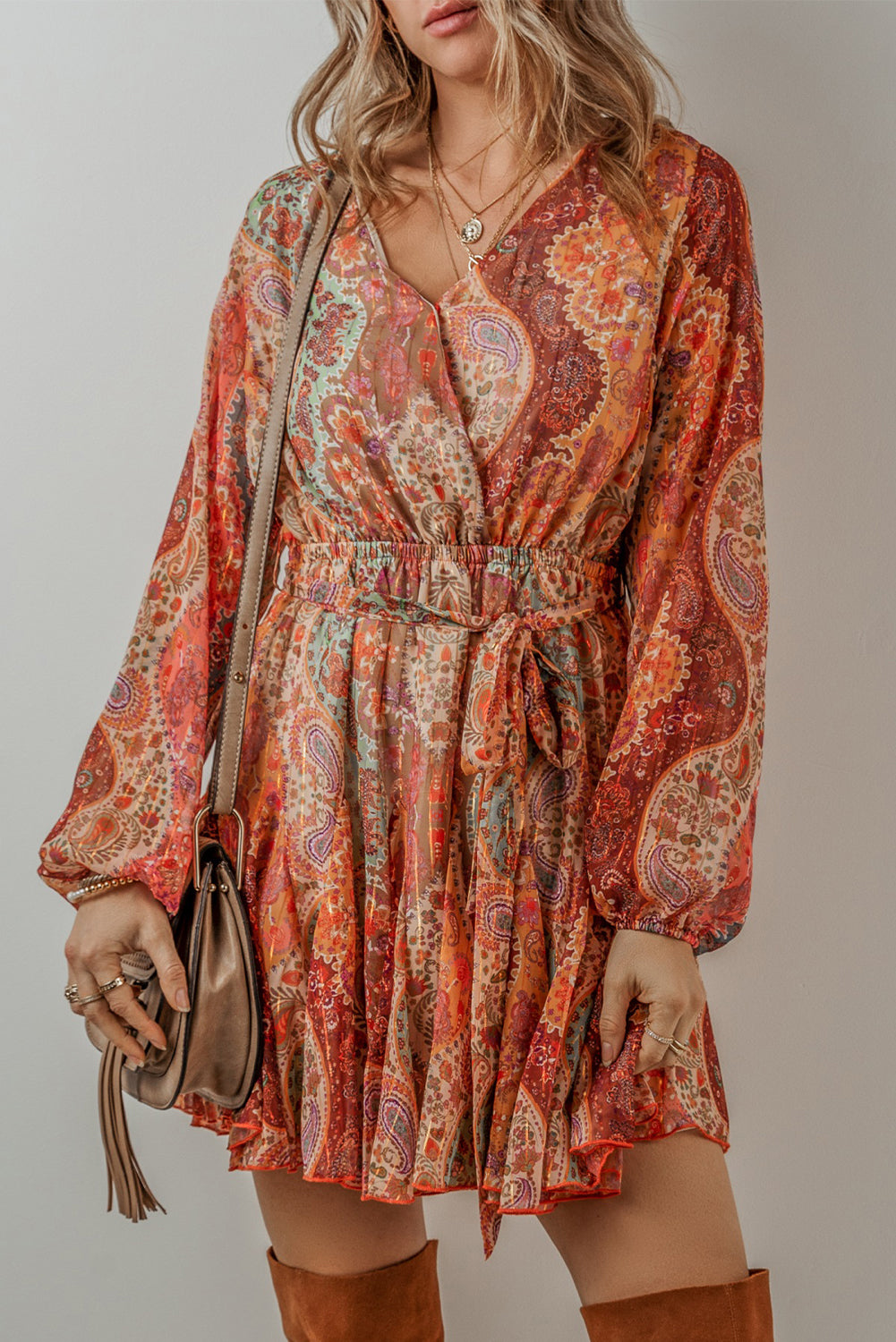 Orange Boho Paisley Print Long Sleeve Pleated Tie Waist Mini Dress