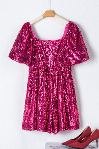 Bright Fuchsia Pink Short Puff Sleeve Sequin Romper