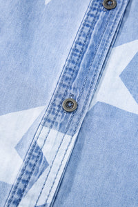 Sky Blue White Stars Frayed Hem Collared Short Sleeve Denim Shirt Dress