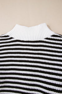 Black and White Stripe 1/4 Zip Mock Collar Drop Shoulder Sweater