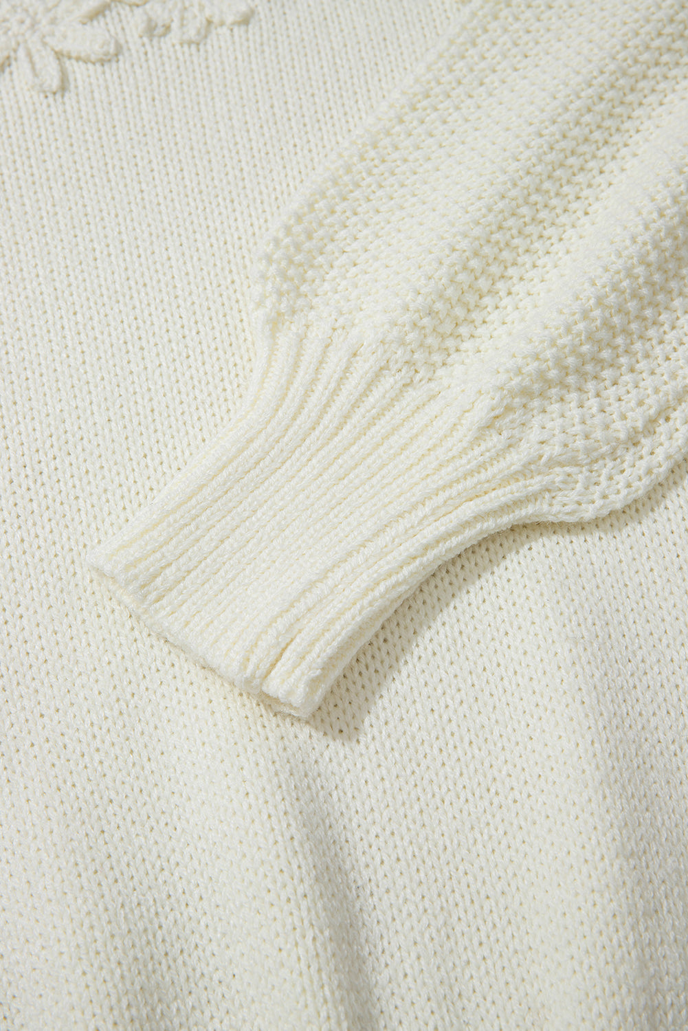 White Flower Embossed Neckline Puff Sleeve Sweater