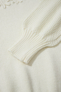 White Flower Embossed Neckline Puff Sleeve Sweater