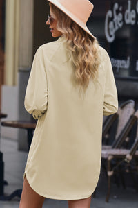 Beige Corduroy Button Down Long Sleeve Mini Shirt Dress