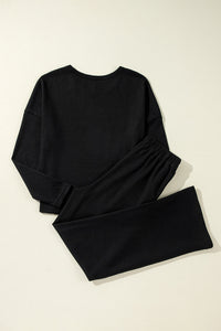 Waffle Knit Long Sleeve T-Shirt and Pants Lounge Set in Black or Beige