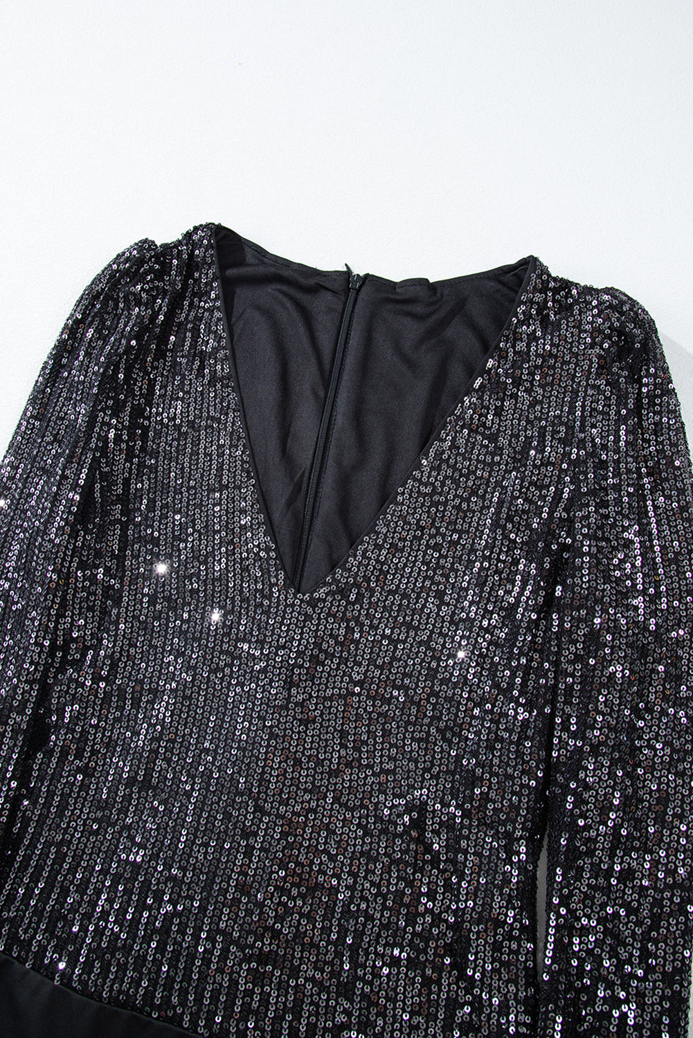 Black Sequin V-Neck Back Zip Up Long Sleeve Bodysuit