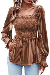 Velour Square Neck Smocked Long-sleeve Babydoll Top