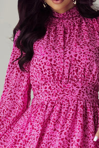 Dark Pink Leopard Long Sleeve High Neck Tie Back Ruffled Dress