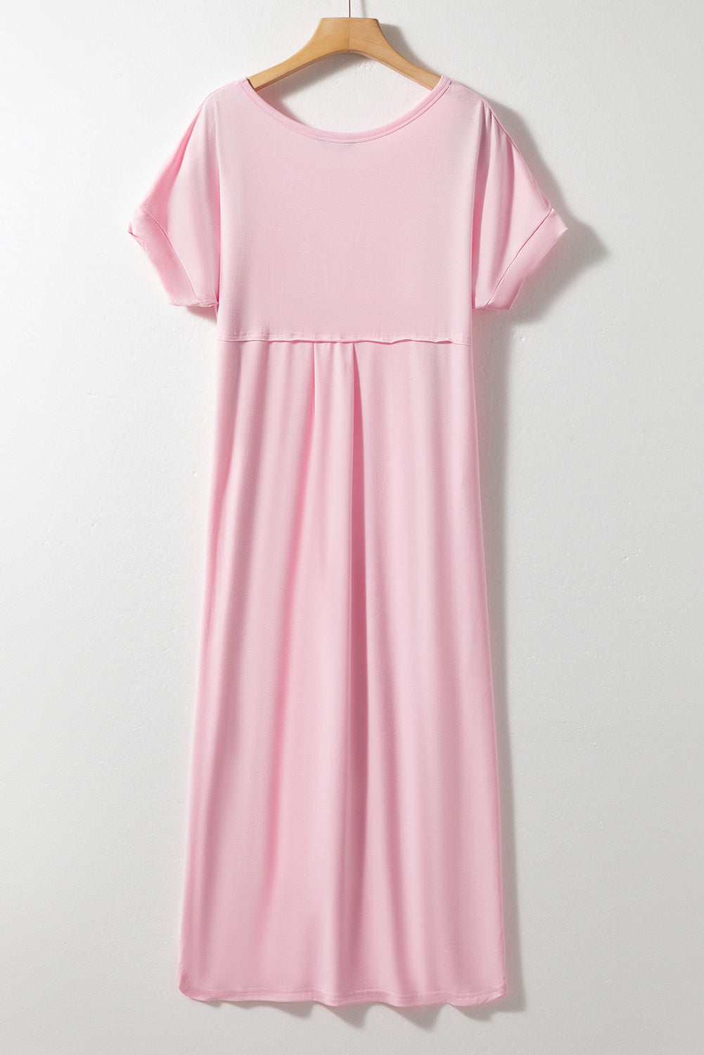 Pink V-Neck Side Split Maxi T-shirt Dress with Pockets