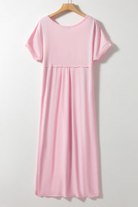 Pink V-Neck Side Split Maxi T-shirt Dress with Pockets