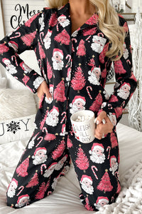 Black with Pink Christmas Trees & Santas Pajama Set