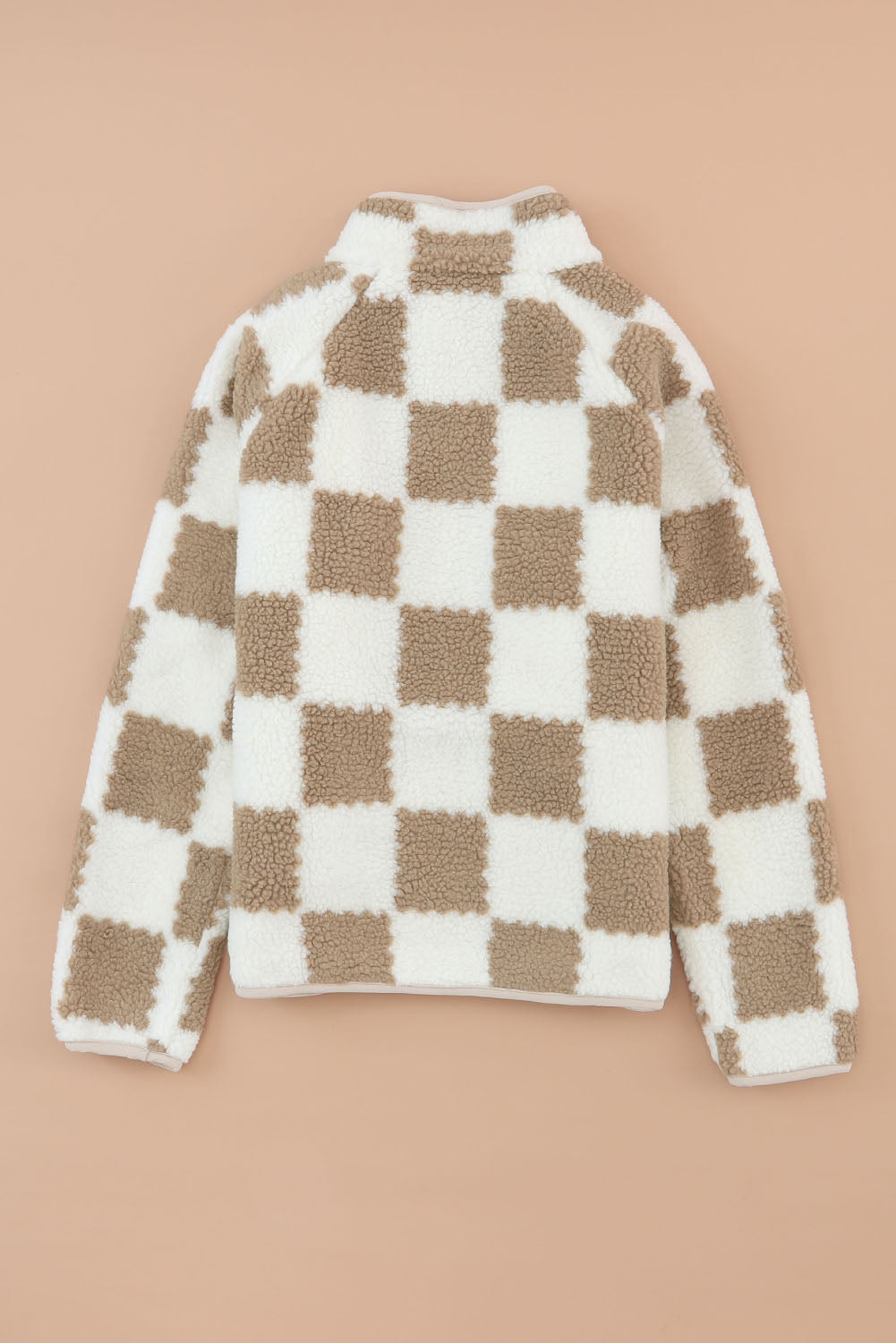 Brown & Cream Checked Snap Button Up Sherpa Jacket