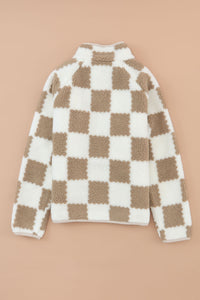 Brown & Cream Checked Snap Button Up Sherpa Jacket