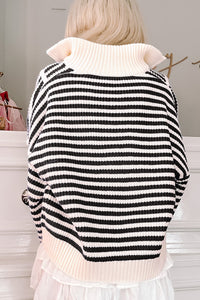 Black and White Stripe 1/4 Zip Mock Collar Drop Shoulder Sweater