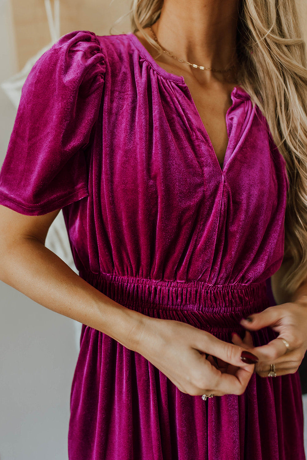 Magenta Velour Short Sleeve Shirred Waist Tiered Maxi Dress