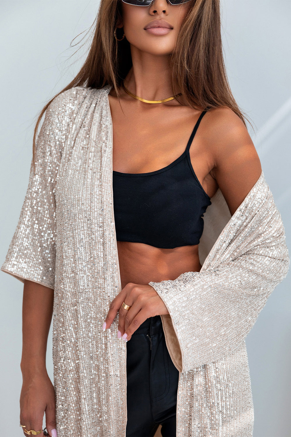 Champagne Sequin 3/4 Sleeve Open Front Duster Kimono