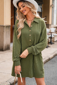 Moss Green Corded Button Down Collared Shift Dress