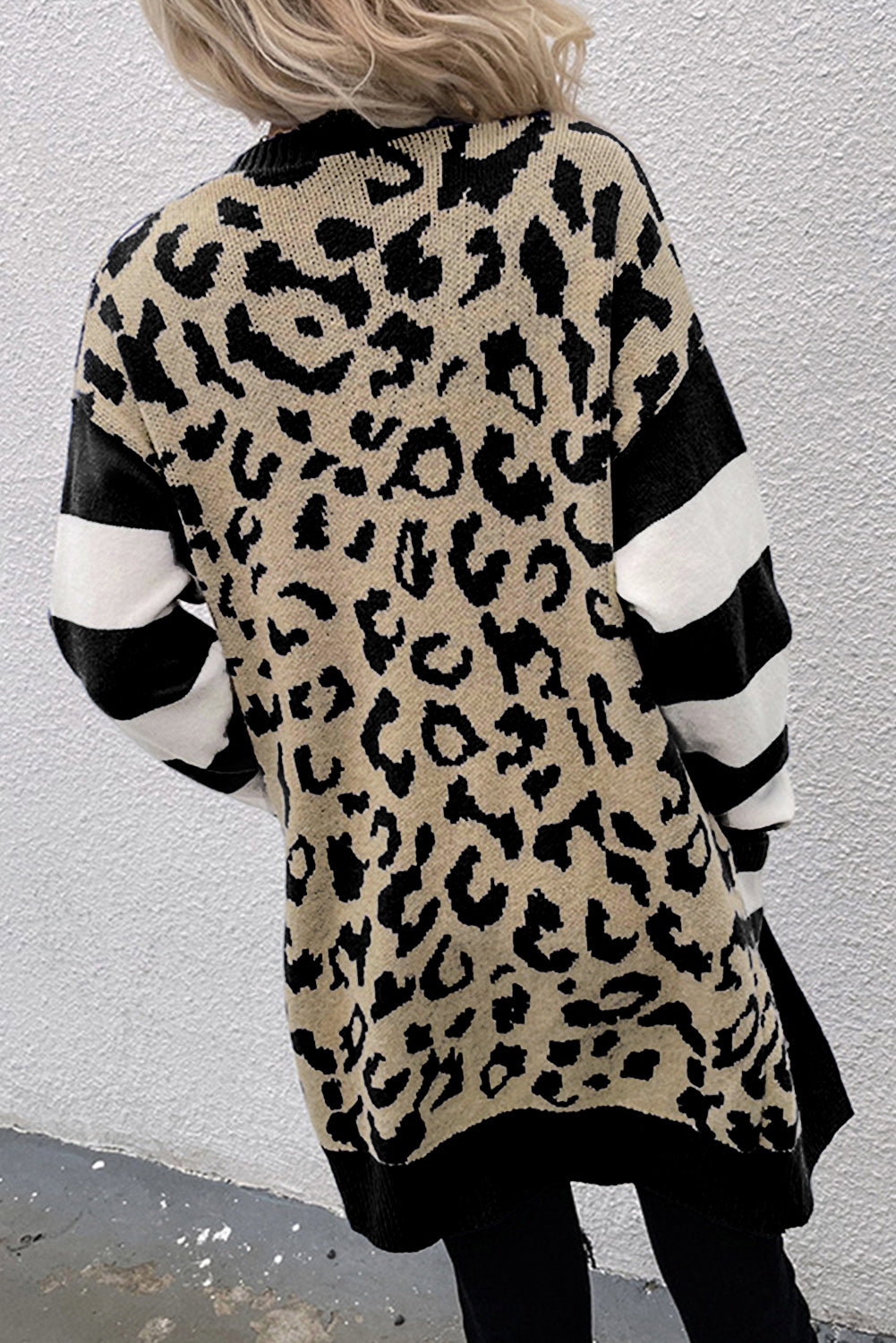 Stripe Sleeve Leopard Print Color Block Open Front Cardigan With Pockets