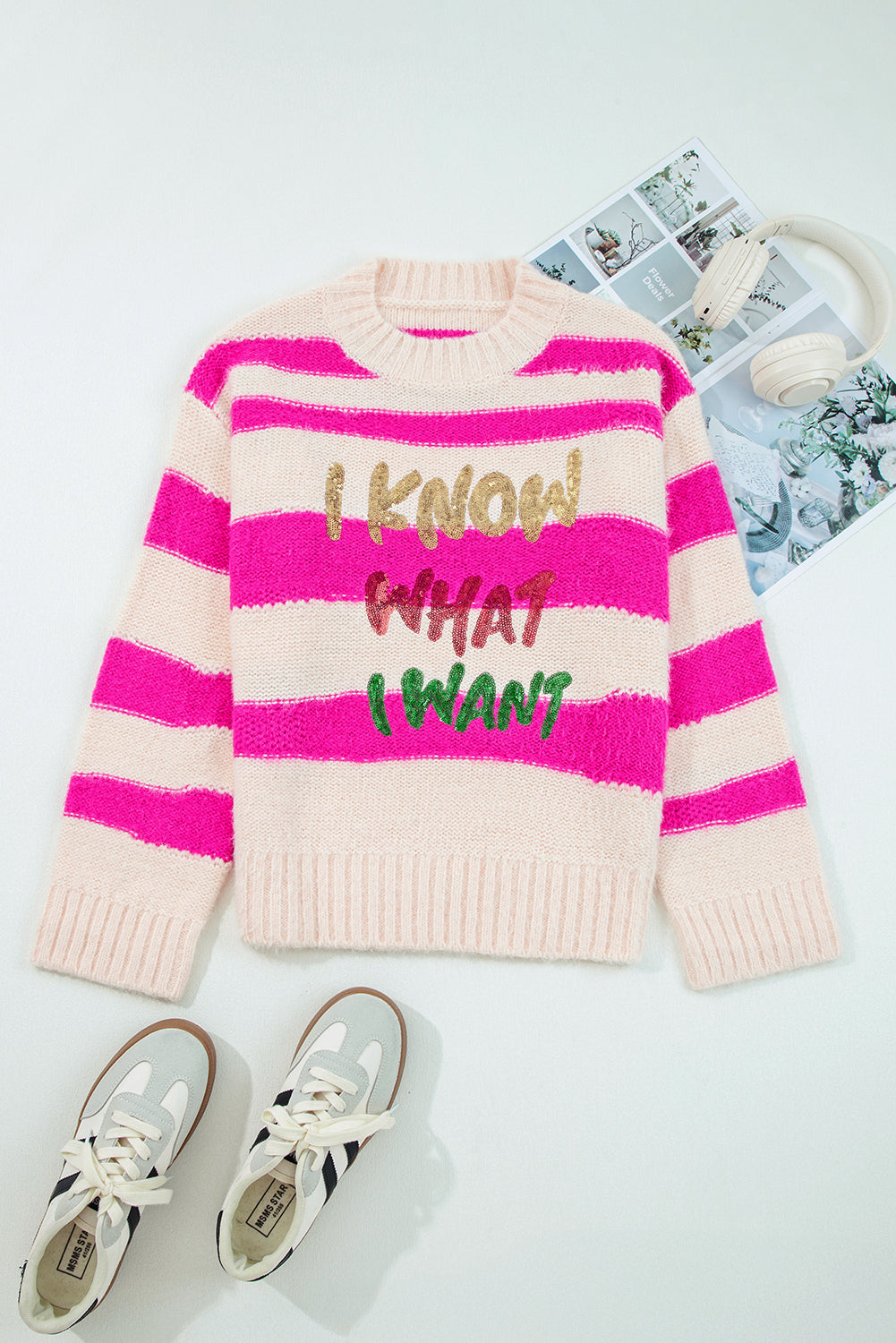 Fuchsia Pink Striped I KNOW WHAT I WANT Sequined Sweater