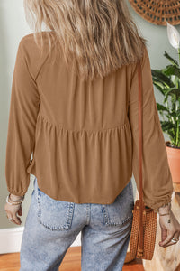 Dark Beige Smocked Split Buttoned V-Neck Babydoll Blouse