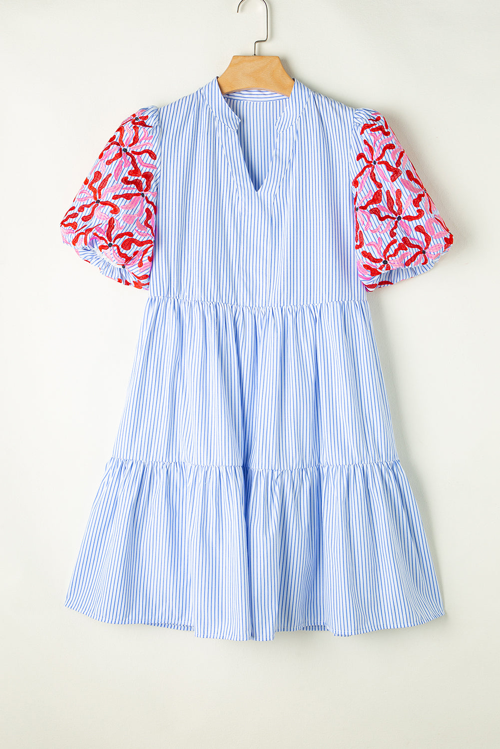 Sky Blue Stripe Embroidered Floral Puff Sleeve Tiered Ruffle Dress with Pockets