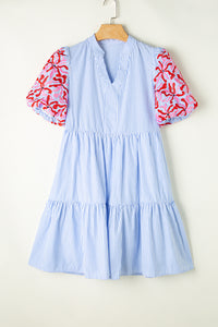 Sky Blue Stripe Embroidered Floral Puff Sleeve Tiered Ruffle Dress with Pockets