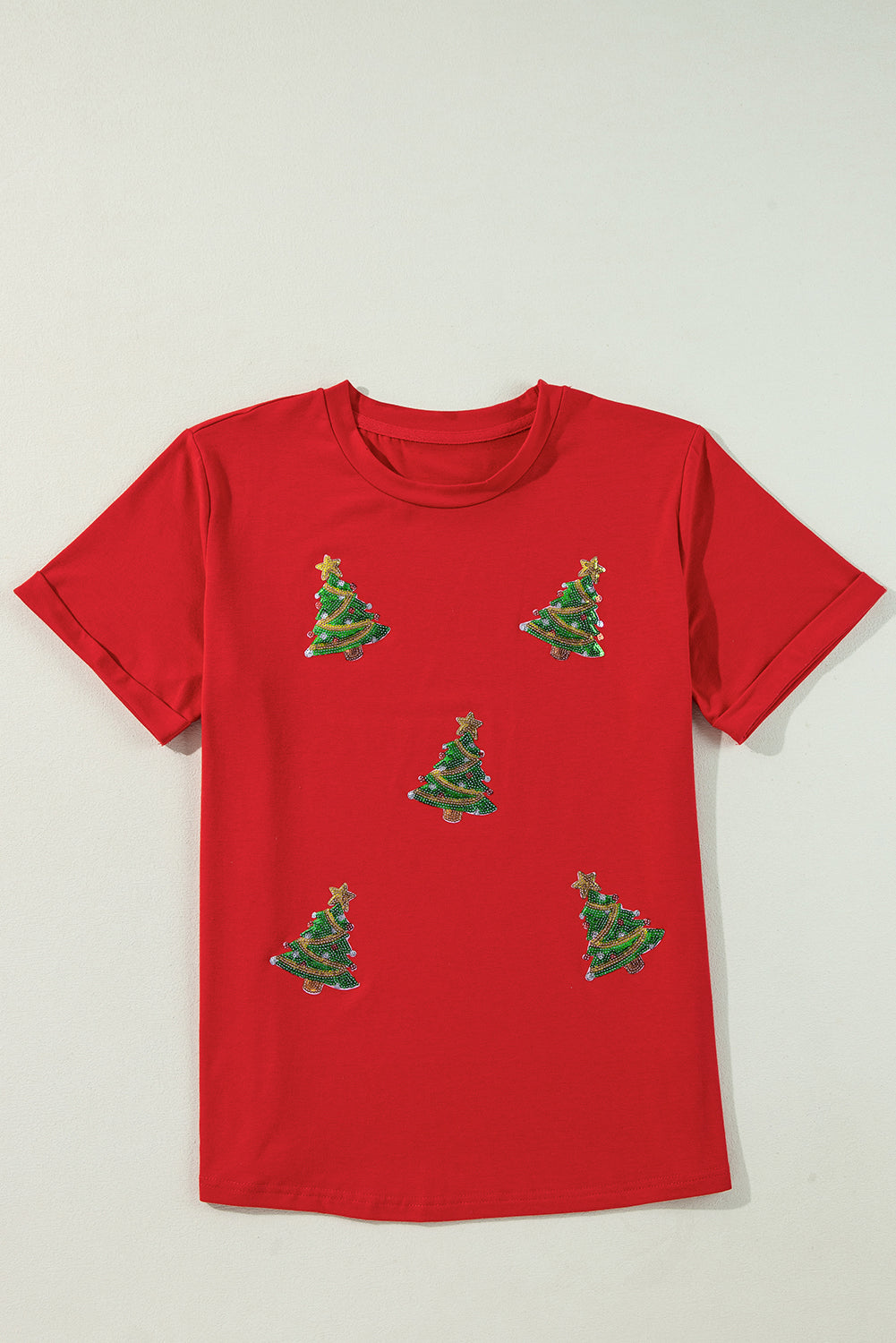 Red with Sequined Christmas Trees Crewneck T-Shirt