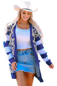 Stripe Sleeve Leopard Print Color Block Open Front Cardigan With Pockets