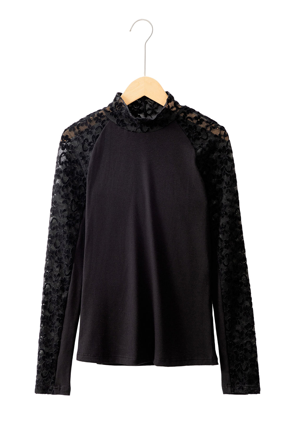 Black Floral Lace Sleeve Mock Neck Rib Knit Fitted Top