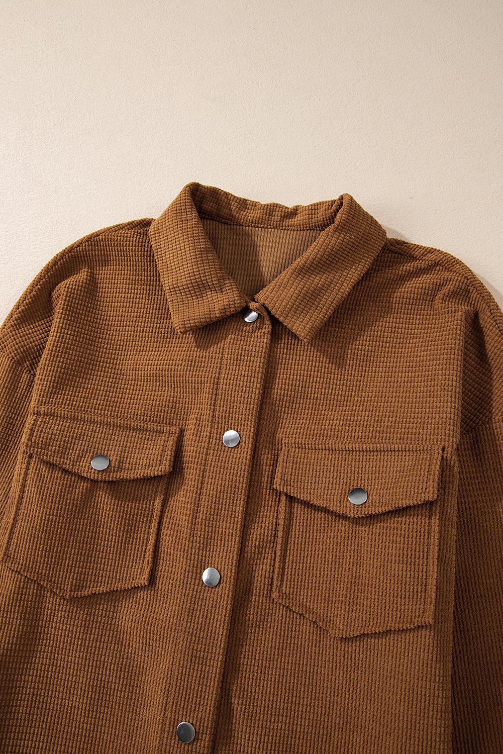 Rustic Brown Textured Flap Chest Pockets Snap Up Oversized Shirt