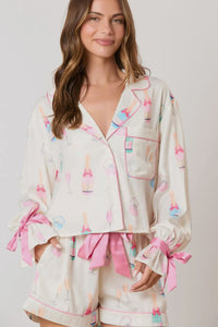 White Wine Glass Print & Pink Bow Ties Shorts Pajama Set