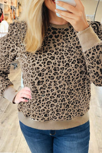 Khaki Leopard Print Textured Plus Size Long Sleeve Top