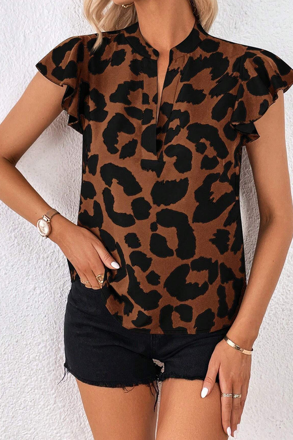 Brown and Black Leopard Print Flutter Sleeve Split Neck Blouse