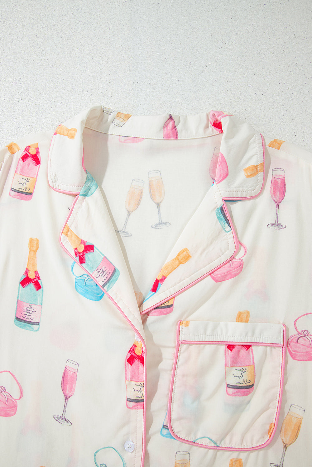 White Wine Glass Print & Pink Bow Ties Shorts Pajama Set