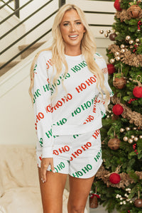 White with Green/Red HOHOHO Print Pullover & Shorts Set