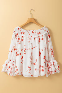 White and Orange Floral Print Shirred Off Shoulder Ruffled Sleeve Blouse