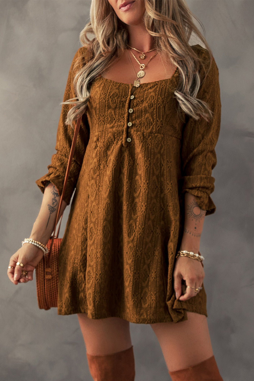 Chestnut Brown Buttoned Lace Square Neck Shift Mini Dress