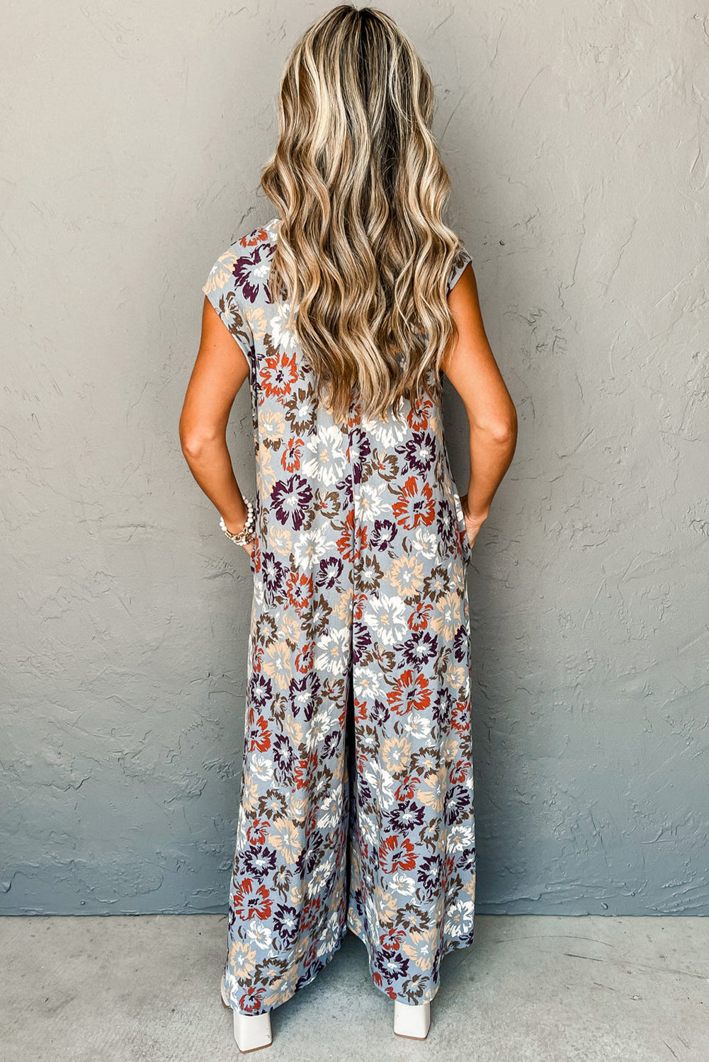 Khaki and Blue Floral Sleeveless V-neck Pocketed Wide Leg Jumpsuit