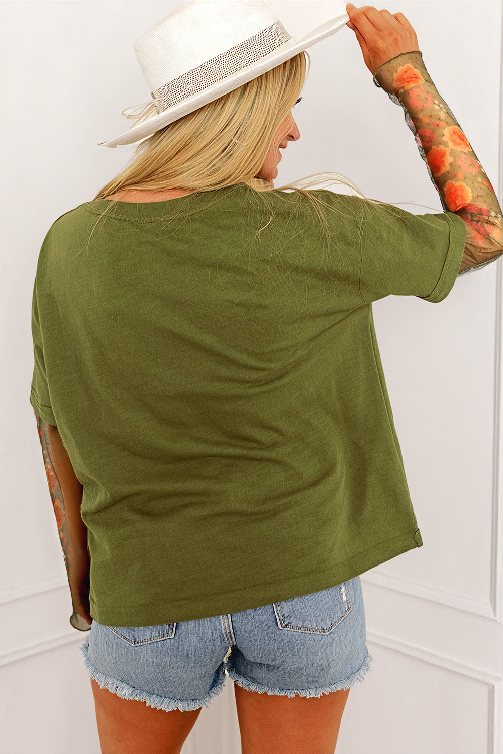 Moss Green with Sheer Floral Sleeved Shirt