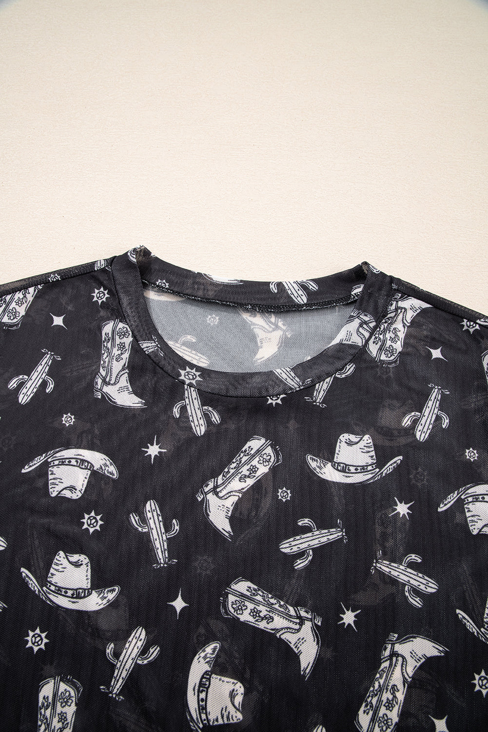 Black Western Pattern Mesh Sheer Crew Neck Tee