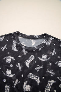 Black Western Pattern Mesh Sheer Crew Neck Tee