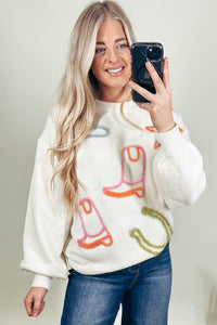 Green and Orange Tinsel Western Horseshoe and Boots Accented White Sweater
