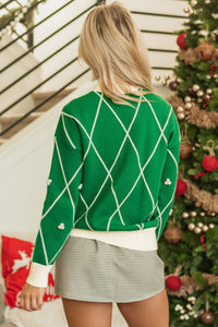 Green Diamond Pattern Pom Pom Accents Mock Neck Sweater