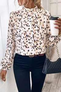 White with Brown & Black Confetti Print Lantern Sleeve Mock Neck Pleated Blouse