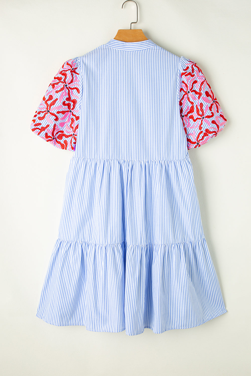 Sky Blue Stripe Embroidered Floral Puff Sleeve Tiered Ruffle Dress with Pockets