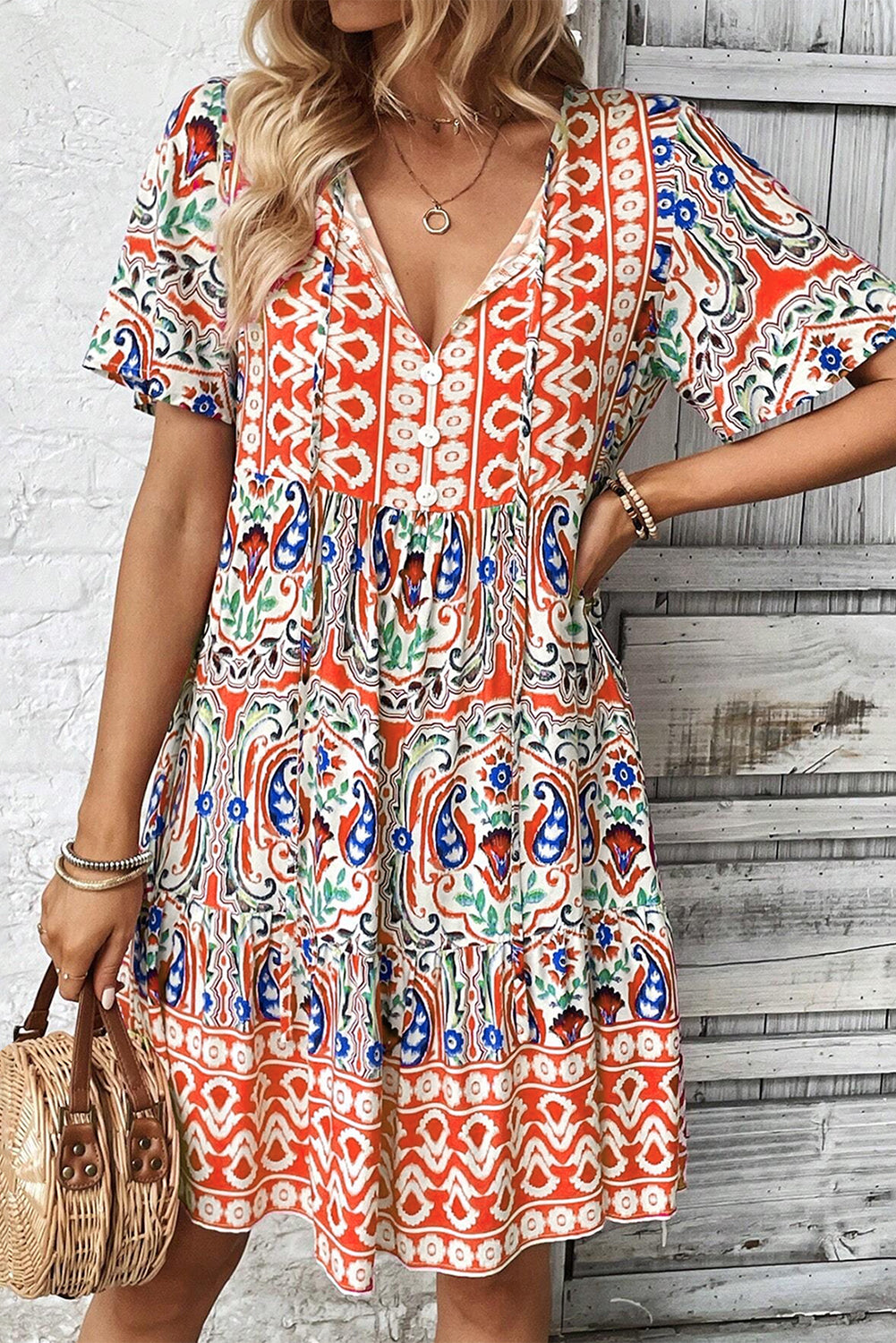 Orange Bohemian Print Tie Neck Ruffled Mini Dress