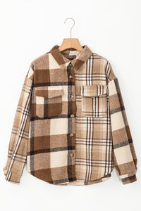 Brown and Beige Flannel Plaid Double Chest Pocket Shacket